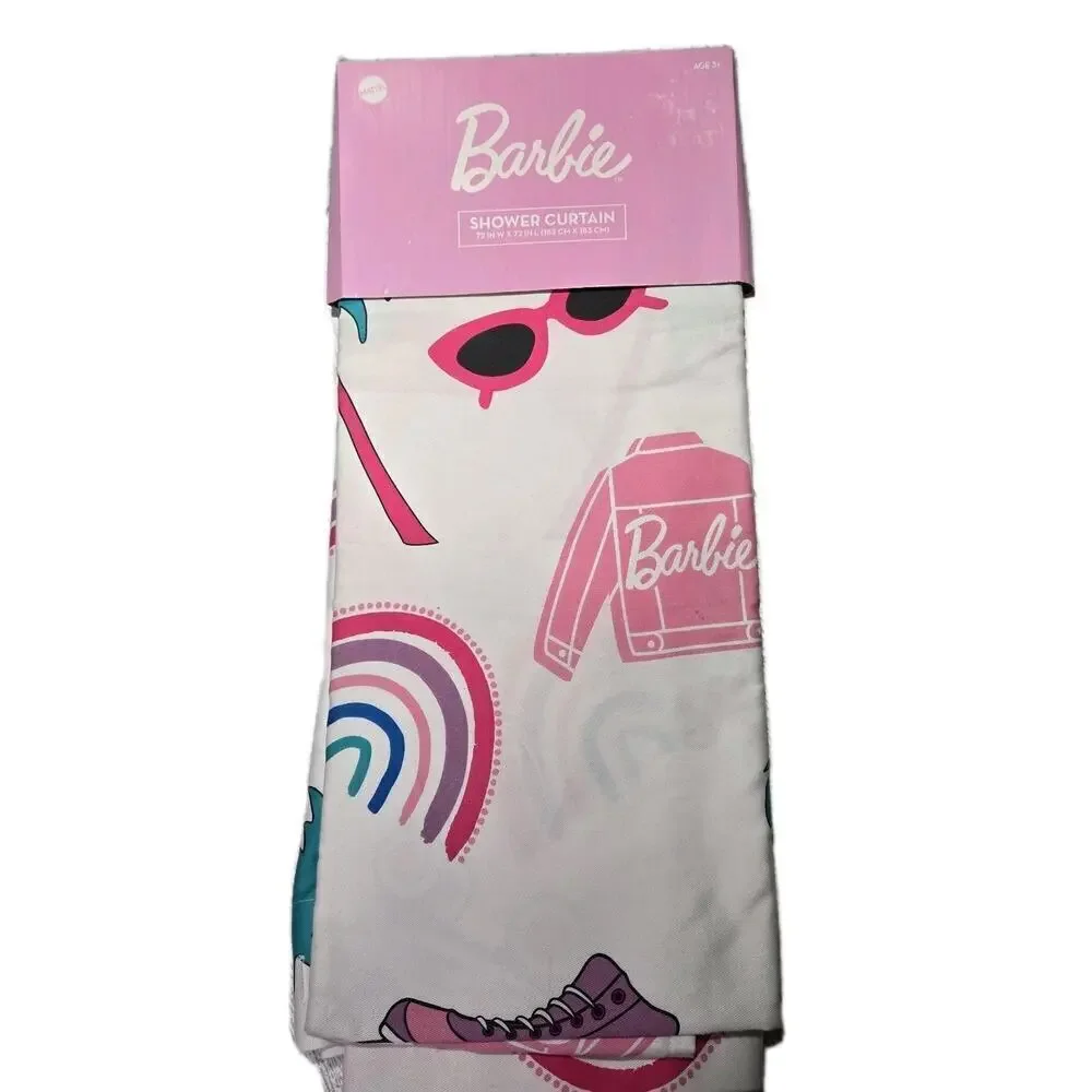 NEW Barbie Fabric Shower Curtain 72x72” Rainbows Skates Palm Trees Sunglasses